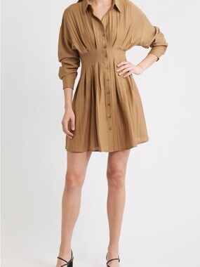 Mila Mae • NWOT linen blend Long Sleeve Pleated Shirtdress PTP 20”